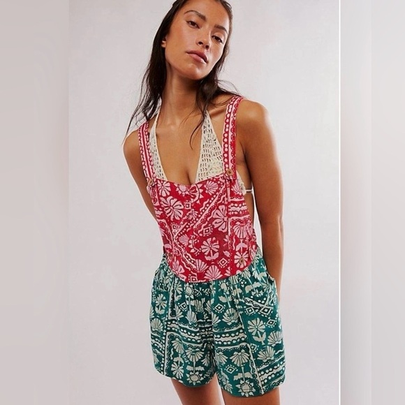 New! Free People Palm Bay Hawaiian Printed Shortalls Romper 🌊🐚 Large - Picture 5 of 6